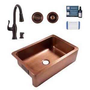 Adams 33 in. Farmhouse Apron Undermount Single Bowl 16 Gauge Antique Copper Kitchen Sink with Maren Bronze Faucet Kit