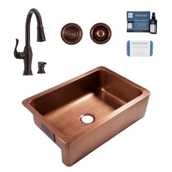 SINKOLOGY Adams 33 in. Farmhouse Apron Undermount Single Bowl 16 Gauge Antique Copper Kitchen Sink with Maren Bronze Faucet Kit