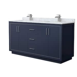Icon 66 in. W x 22 in. D x 35 in. H Double Bath Vanity in Dark Blue with White Carrara Marble Top