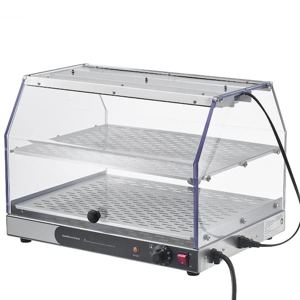 2-Tier Heated Display Cabinet 48L 450W with Light Double-Sided Doors Detachable Shelves 85-185F for Pizza and Snacks