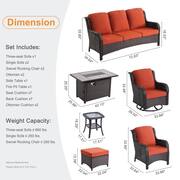 Oreille Brown 9-Piece Wicker Outdoor Patio Conversation Sofa Set with a Rectangle Firepit and Orange Red Cushions