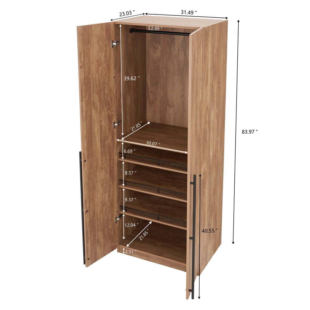 Golden Brown Tall Freestanding Wardrobe with Black Metal Handles