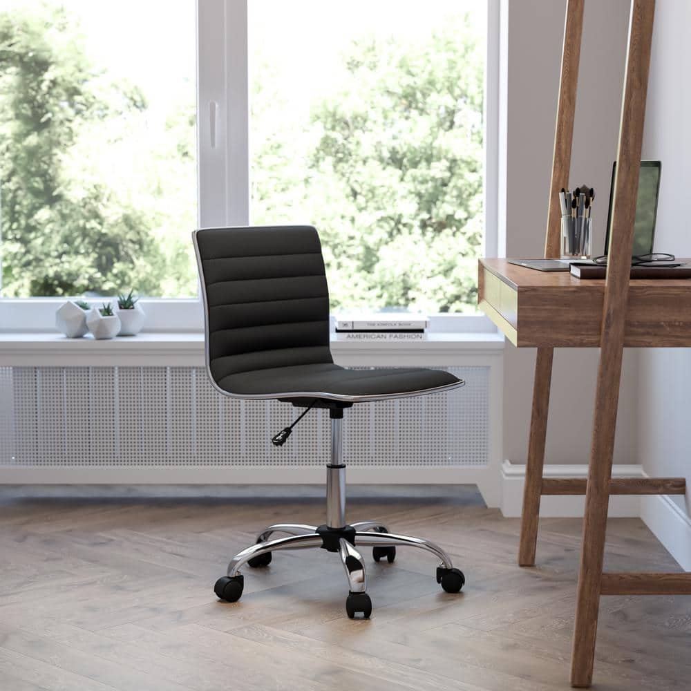 Alan Low Back Armless Black Vinyl Swivel Task Chair with Chrome Base