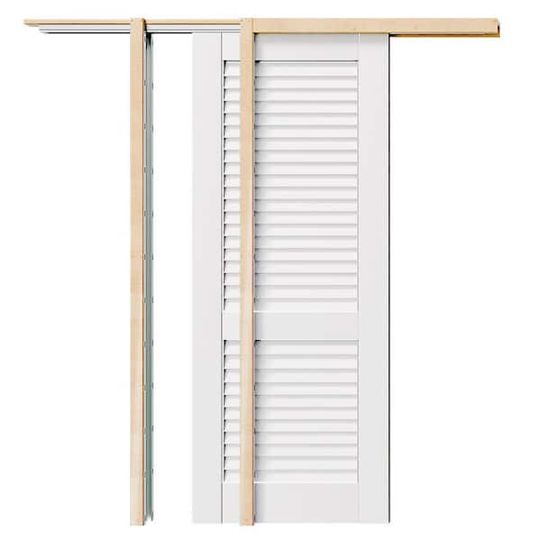 32 in. x 80 in. White Primed Louvered Panel Solid Wood Sliding Pocket Door with Soft Close, Frame and Hardware