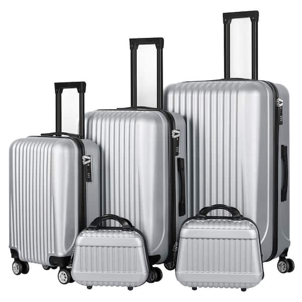 5-Piece Set of Lightweight Rolling Hardside and Checked Luggage Set with Spinner Wheels, Silver