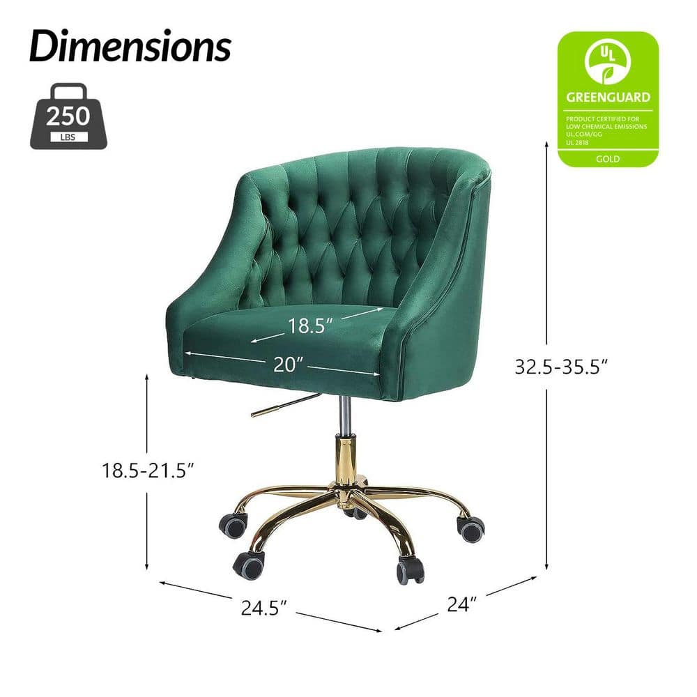 Ergonomic Green Velvet Task Chair with Gold Metal Legs