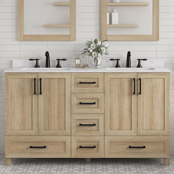 Glacier Bay Tobana 60 in. W x 19 in. D x 34 in. H Double Sink Bath Vanity in Weathered Tan with White Engineered Marble Top