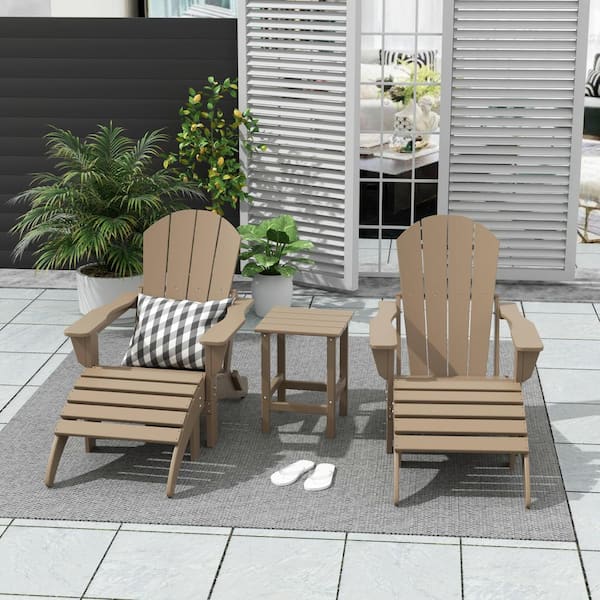 Laguna (5-Piece) Outdoor Patio Classic HDPE Folding Adirondack Chair with Ottoman and Side Table Set in Weathered Wood