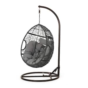 Nehemiah 1-Person Black Wicker Outdoor Patio Swing with Grey Cushion