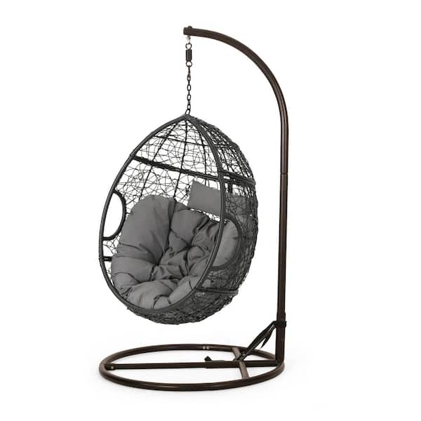 Noble House Nehemiah 1-Person Black Wicker Outdoor Patio Swing with Grey Cushion