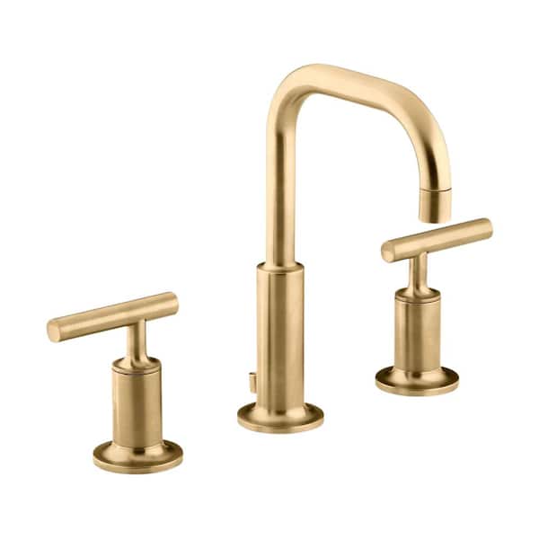 KOHLER - Purist 8 in. Widespread 2-Handle Mid-Arc Water-Saving Bathroom Faucet in Vibrant Modern Brushed Gold