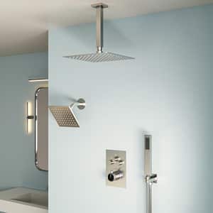 7-Spray Patterns Thermostatic 12 in., 6 in. Ceiling Mount Fixed and Handheld Shower Head in Brushed Nickel