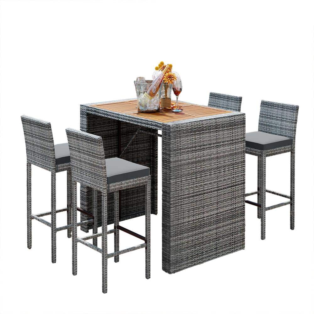 5-Piece Wicker Outdoor Dining Set, Bar Height Chairs with Non-Slip Feet and