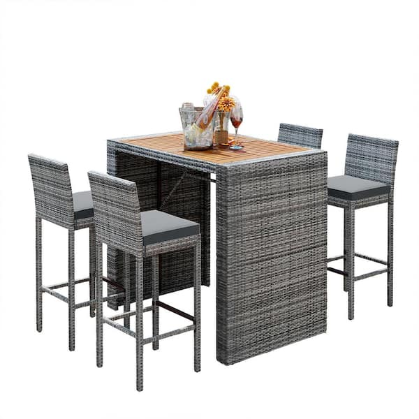 Unbranded 5-Piece Wicker Outdoor Dining Set, Bar Height Chairs with Non-Slip Feet and Fixed Rope, Gray Cushion and Wood Table Top