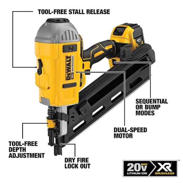 DEWALT 20V MAX XR Lithium Ion Cordless Brushless 2 Speed 30 Paper Collated Framing Nailer Kit and 3 1 4 in. Nails 2500 Pcs DCN692M1W131FH The Home Depot