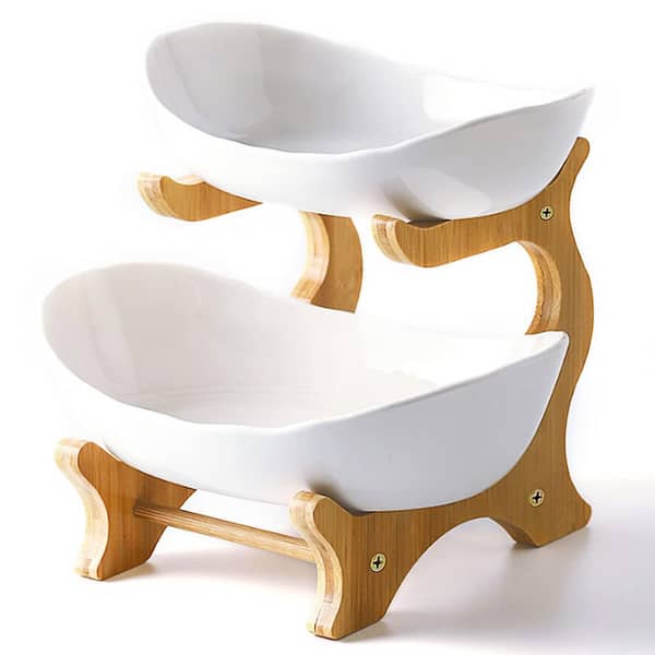 2 Tier Ceramic Fruit Bowl with Bamboo Wood Stand, Porcelain Serving Basket for Snacks and Vegetables, White