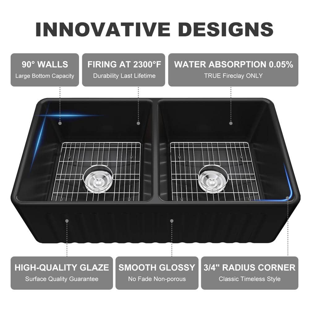 Matte Black Double Basin Fireclay Farmhouse Sink with Drainboard