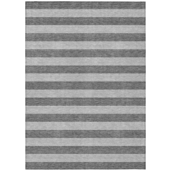 Gray and White 5 ft. x 8 ft. Woven Striped Polyester Rectangle Indoor/Outdoor Area Rug