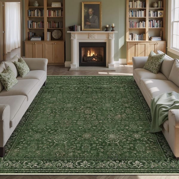 Manhattan Green 8 ft. x 10 ft. Distressed Vintage Floral Washable Area Rug
