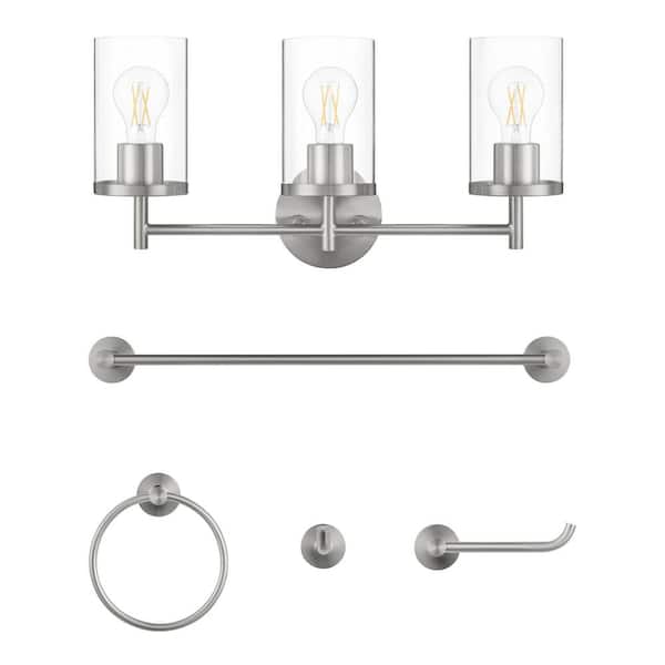 Hampton Bay Kinglet 20 in. 3-Light Brushed Nickel Vanity Light, Towel Bar, Towel Ring Paper Holder and Towel Hook Bath Set (5-Piece)