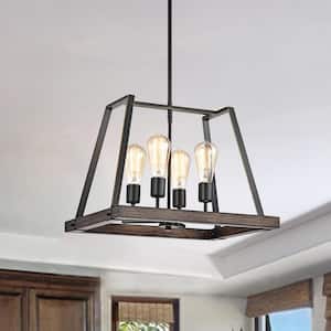 4-Light 18in Wood and Oil Rubbed Bronze Pendant Light Farmhouse Chandelier for Living Dining Room, No Bulbs Included