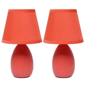 9.45 in. Orange Petite Ceramic Oblong Bedside Table Desk Lamp Set with Matching Tapered Drum Fabric Shade (2-Pack)