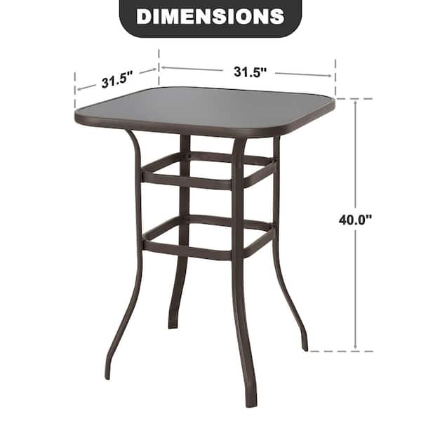Brown with Gold Speckles Square Metal Bar Height Outdoor Dining Table with Tempered Glass Tabletop
