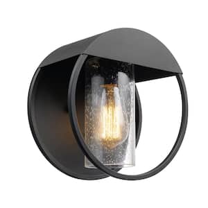 Neruda Matte Black Modern Indoor/Outdoor 1-Light Wall Sconce with Seeded Glass Shade