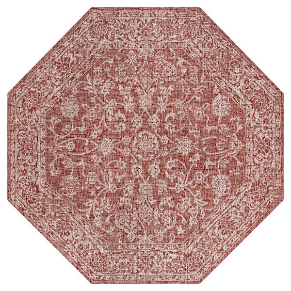 Tela Bohemian Textured Weave Floral Red/Taupe 8 ft. Octagon Indoor/Outdoor Area Rug
