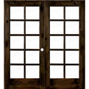 72 in. x 80 in. Knotty Alder Left-Handed 10-Lite Clear Glass Black Stain Wood Double Prehung French Door