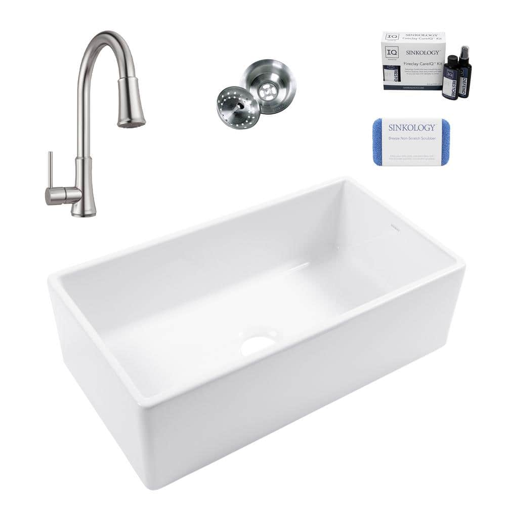 Austen White Fireclay Single Bowl Farmhouse Kitchen Sink with Stainless Steel Faucet