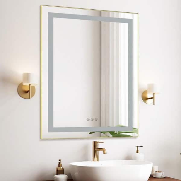 24 in. W x 32 in. H Rectangular Aluminum Framed Backlit and Front Light LED Wall Bathroom Vanity Mirror in Brushed Gold