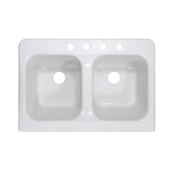Lyons Industries Farmhouse Apron Drop-In Acrylic 34 in. x 23 in. x 10 in. 4-Hole 50/50 Double Bowl Kitchen Sink in White