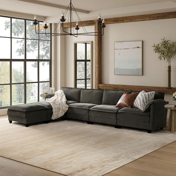 JAYDEN CREATION Noemi Pillow Arm 142 in. 6-piece Polyester Sectional Sofa in Dark Gray