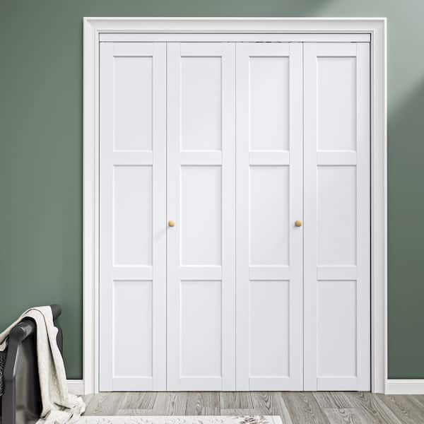 64 in. x 80 in. 3 Lite Solid Core Panel White Primed Composite MDF Closet Bi-Fold Door with Hardware Kit For Closet