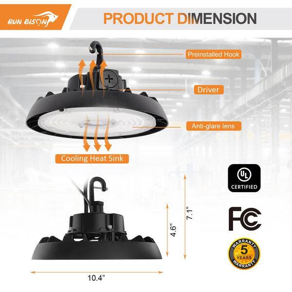 RUN BISON 10.4 in. Integrated UFO LED High Bay Light Fixture Garage Light, 4000/5000K, 21000 Lumens 0-Watt to 10-Volt (4-Pack)