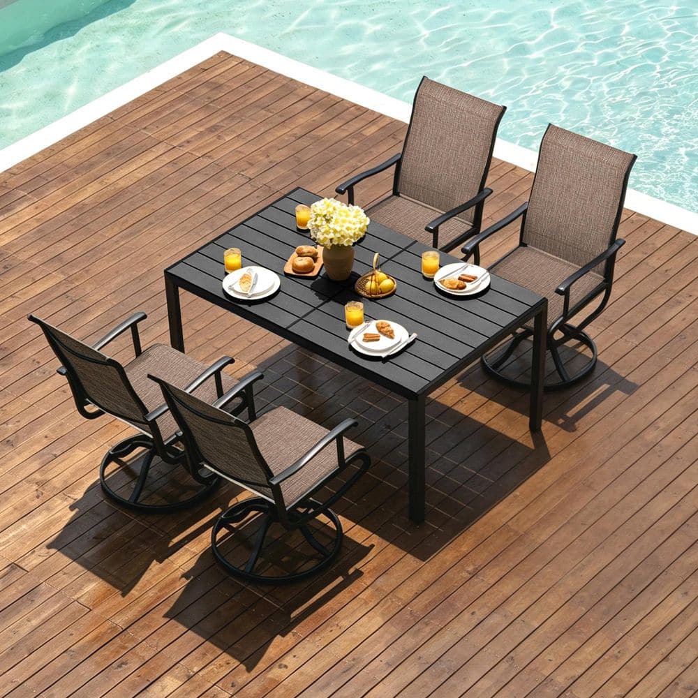 5-Piece Metal Outdoor Dining Set with 4 Brown Swivel Patio Chairs and Rectangular Table, Patio Dining Table (Set for 4)