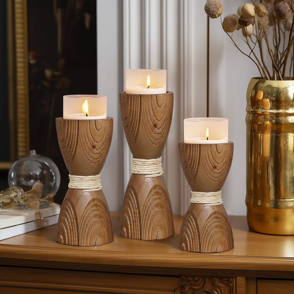 Rustic Pine Wood and Rattan Pillar Candle Holder Set