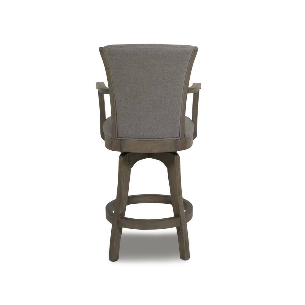 Vintage Chic Gray Leather & Oak Swivel Bar Stool with Brass Accents