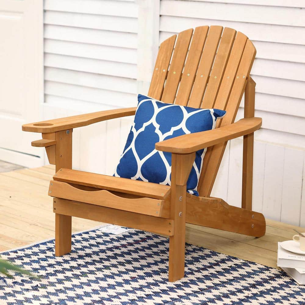 Natural Wood Adirondack Chair with Cup Holder