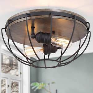 The 14.6 in. 2-Light Farmhouse Rustic Iron & Wooden Texture Flush Mount Ceiling Light with Matte Black Cage Shade