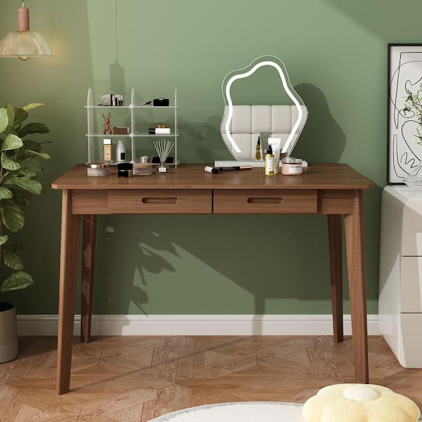 FUFU&GAGA 1-Piece Brown Burlywood Wood Makeup Vanity Table, Dressing Desk with 2 Drawers, 39.4 in. W x 21.7 in. D x 29.5 in. H
