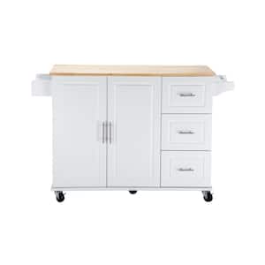 White Rubber Wood Table Top 54 in. Kitchen Island Cart with Adjustable Shelf Storage Cabinet, Drawers and Spice Rack