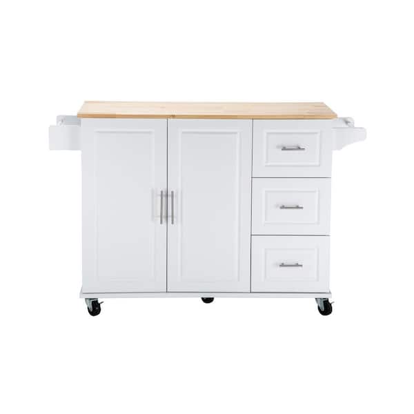 Unbranded White Rubber Wood Table Top 54 in. Kitchen Island Cart with Adjustable Shelf Storage Cabinet, Drawers and Spice Rack