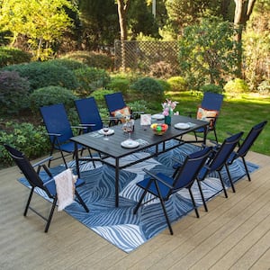 9-Piece Metal Rectangle Outdoor Dining Set with Blue Folding Chair