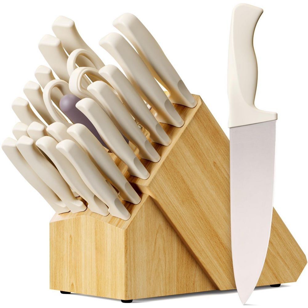 22-Piece High Carbon Stainless Steel Knife Set with Block, Built-in Sharpener and Anti-slip Handle, Cream White