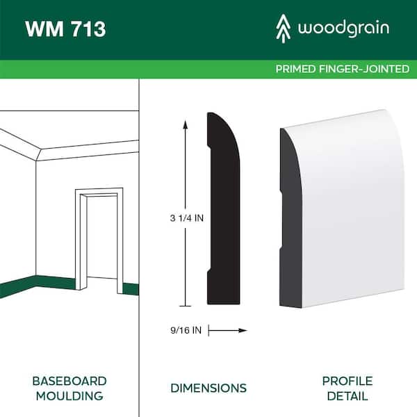 713 9/16 in. x 3−1/4 in. Primed Finger Jointed Wood Baseboard Moulding (Sold by Linear Foot)
