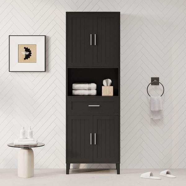 23.60 in. W x 13.80 in. D x 70.90 in. H Black Tall MDF Freestanding Linen Cabinet with Adjustable Shelves in Black