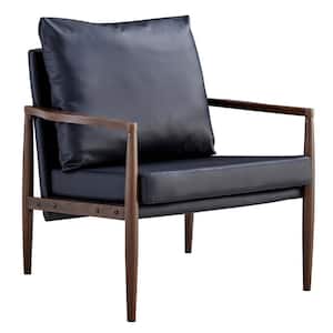 Dark PU and Wood Mid-Century Arm Chair with Extra-Thick Padded Backrest and Seat Cushion