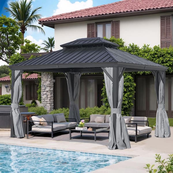 12 ft. x 16 ft. Galvanized Steel Double Roof Hardtop Gazebo with Aluminum Frame, Mosquito Netting&Curtains for Garden